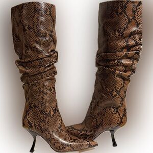 Michael Kors Snakeskin Print Slouch Boots Brown Pointed Toe Heeled Boots Sz 8